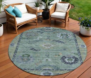 HomeRoots 8' Round Floral Medallion Area Rug in Green & Blue – Washable, Durable, Perfect for Indoor & Outdoor Use 639517