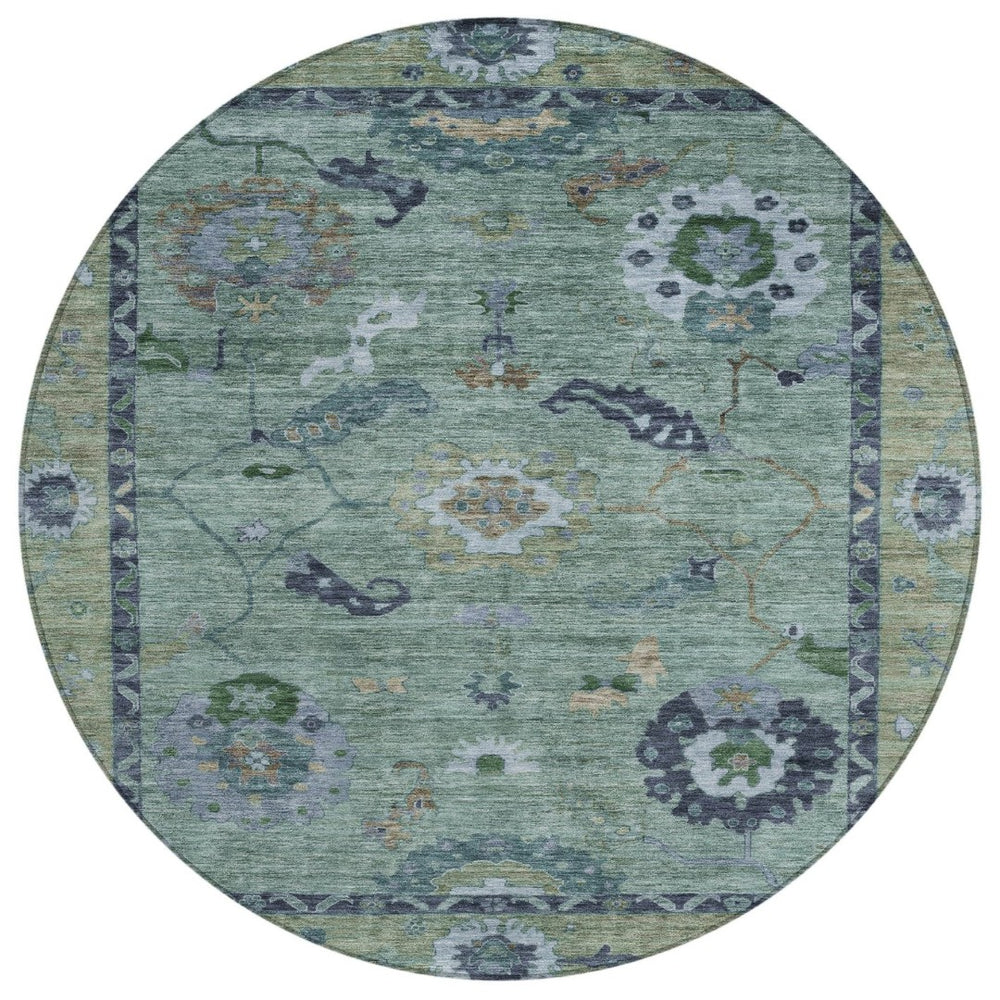 HomeRoots 8' Round Floral Medallion Area Rug in Green & Blue – Washable, Durable, Perfect for Indoor & Outdoor Use 639517