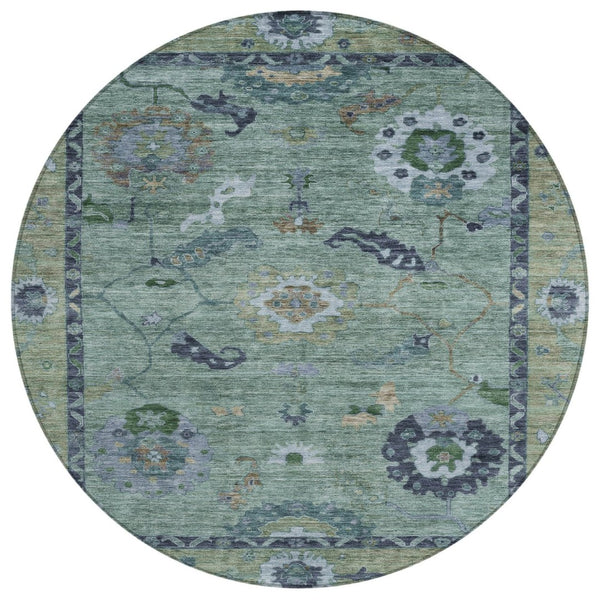 HomeRoots 8' Round Floral Medallion Area Rug in Green & Blue – Washable, Durable, Perfect for Indoor & Outdoor Use 639517