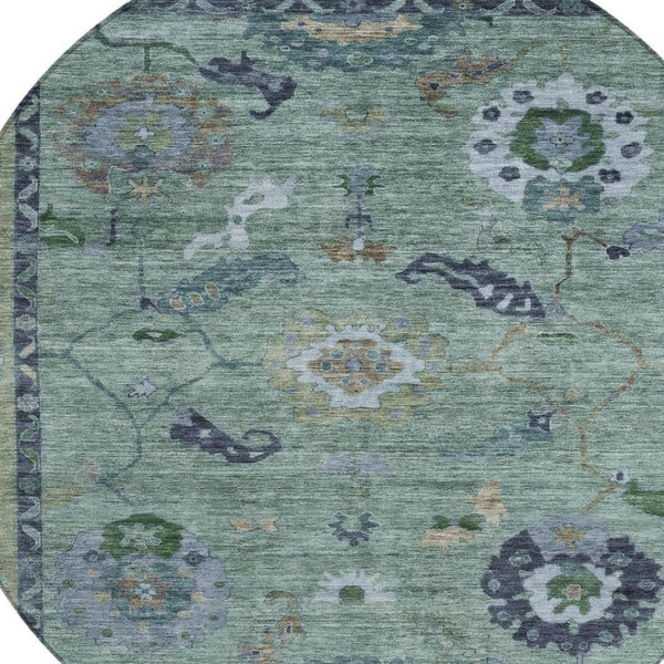 HomeRoots 8' Round Floral Medallion Area Rug in Green & Blue – Washable, Durable, Perfect for Indoor & Outdoor Use 639517