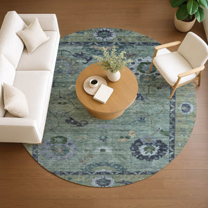 HomeRoots 8' Round Floral Medallion Area Rug in Green & Blue – Washable, Durable, Perfect for Indoor & Outdoor Use 639517