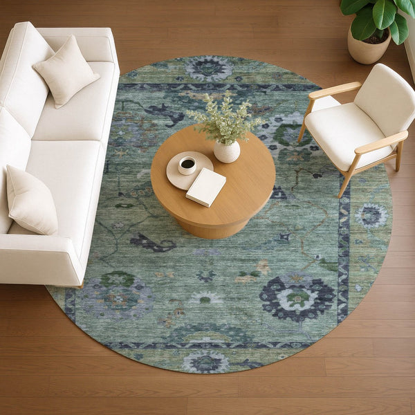 HomeRoots 8' Round Floral Medallion Area Rug in Green & Blue – Washable, Durable, Perfect for Indoor & Outdoor Use 639517