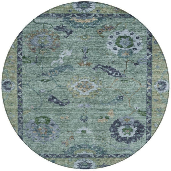 HomeRoots 8' Round Floral Medallion Area Rug in Green & Blue – Washable, Durable, Perfect for Indoor & Outdoor Use 639517