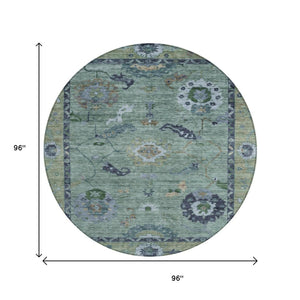 HomeRoots 8' Round Floral Medallion Area Rug in Green & Blue – Washable, Durable, Perfect for Indoor & Outdoor Use 639517
