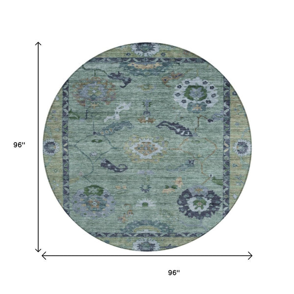 HomeRoots 8' Round Floral Medallion Area Rug in Green & Blue – Washable, Durable, Perfect for Indoor & Outdoor Use 639517