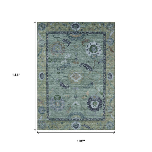 HomeRoots 9' X 12' Vibrant Green and Blue Floral Medallion Rug - Washable, Durable, Indoor & Outdoor Use! 639519