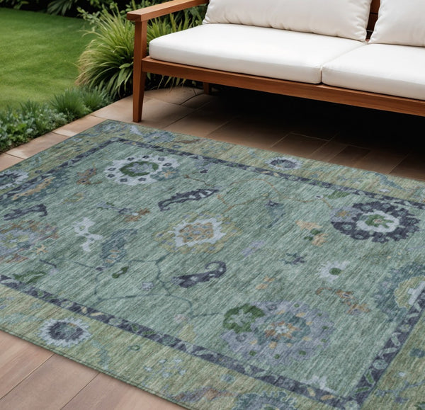 HomeRoots 10' Green and Blue Floral Medallion Area Rug - Washable Indoor/Outdoor, Durable for High Traffic Use 639520