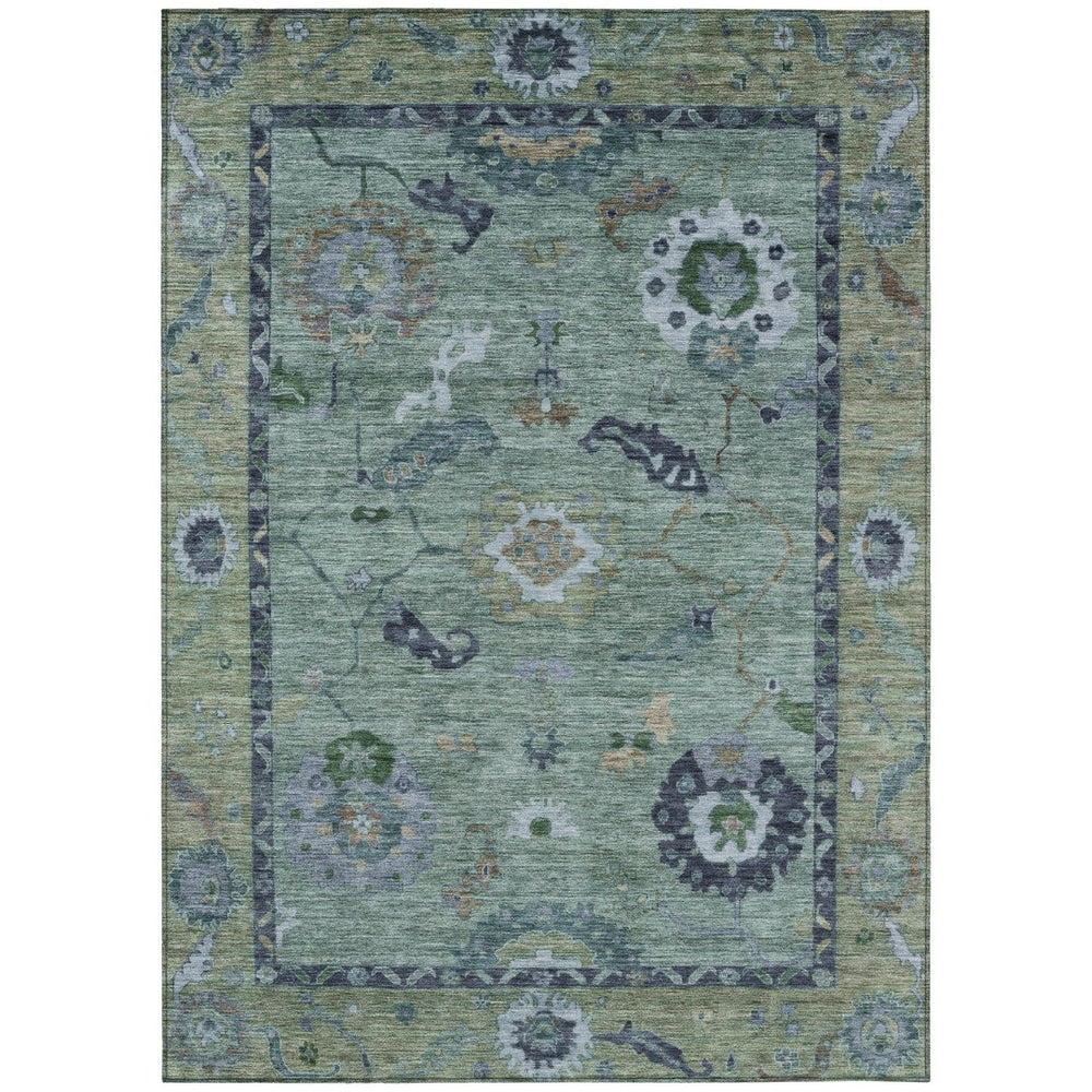 HomeRoots 10' Green and Blue Floral Medallion Area Rug - Washable Indoor/Outdoor, Durable for High Traffic Use 639520