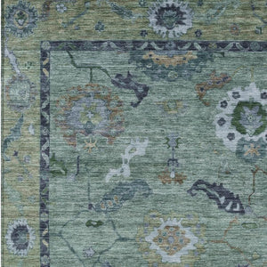 HomeRoots 10' Green and Blue Floral Medallion Area Rug - Washable Indoor/Outdoor, Durable for High Traffic Use 639520