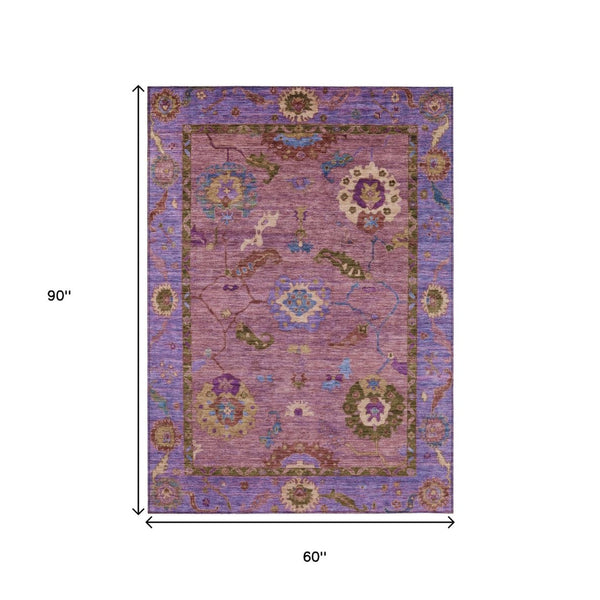 HomeRoots 5' Vibrant Pink Purple Gold Floral Medallion Area Rug - Washable, Durable for Indoor/Outdoor Spaces 639522