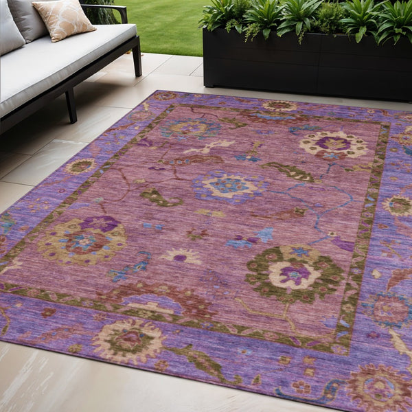 HomeRoots 5' Vibrant Pink Purple Gold Floral Medallion Area Rug - Washable, Durable for Indoor/Outdoor Spaces 639522