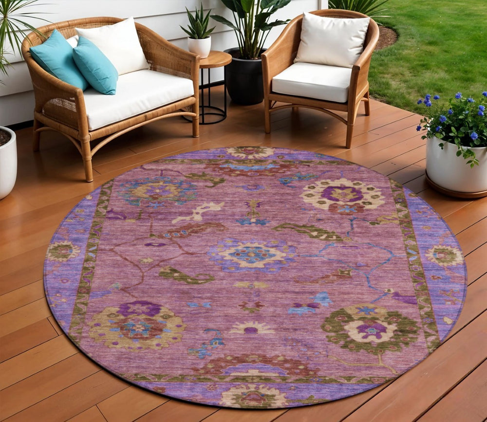 HomeRoots 8' Vibrant Round Floral Medallion Area Rug in Pink, Purple & Gold – Washable for Indoor/Outdoor Use 639523