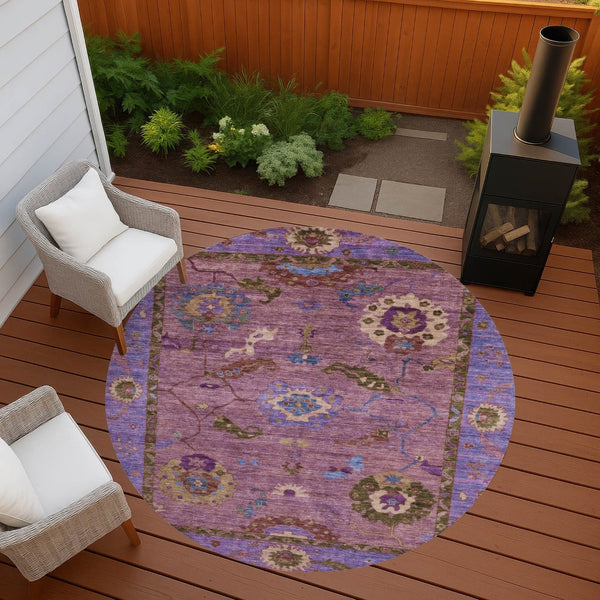 HomeRoots 8' Vibrant Round Floral Medallion Area Rug in Pink, Purple & Gold – Washable for Indoor/Outdoor Use 639523
