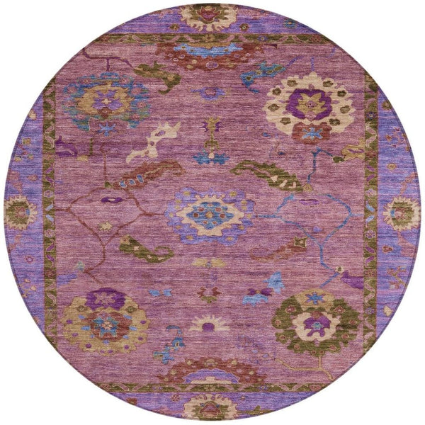 HomeRoots 8' Vibrant Round Floral Medallion Area Rug in Pink, Purple & Gold – Washable for Indoor/Outdoor Use 639523