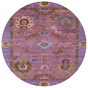 HomeRoots 8' Vibrant Round Floral Medallion Area Rug in Pink, Purple & Gold – Washable for Indoor/Outdoor Use 639523