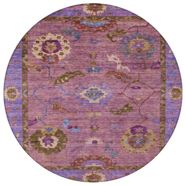 HomeRoots 8' Vibrant Round Floral Medallion Area Rug in Pink, Purple & Gold – Washable for Indoor/Outdoor Use 639523