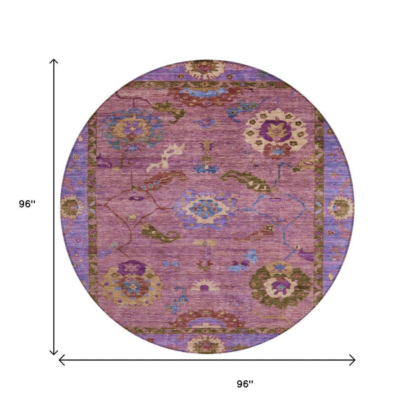 HomeRoots 8' Vibrant Round Floral Medallion Area Rug in Pink, Purple & Gold – Washable for Indoor/Outdoor Use 639523