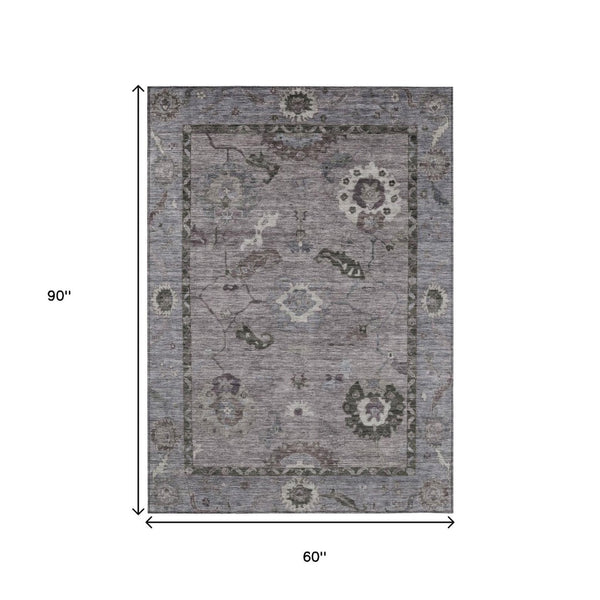 HomeRoots 5' Indoor Outdoor Pewter Gray and Silver Floral Medallion Area Rug – Washable, Durable, Versatile Design 639528