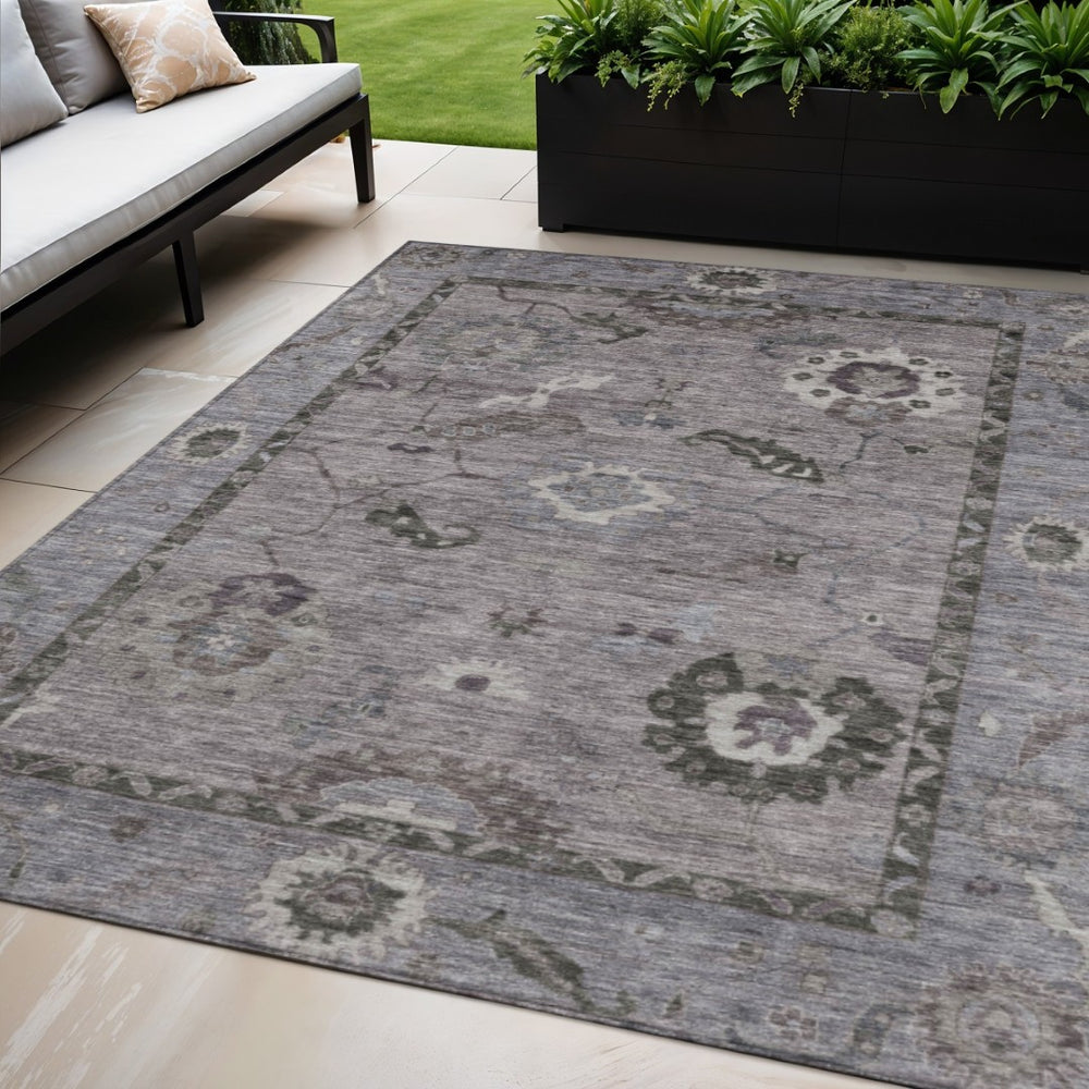 HomeRoots 5' Indoor Outdoor Pewter Gray and Silver Floral Medallion Area Rug – Washable, Durable, Versatile Design 639528