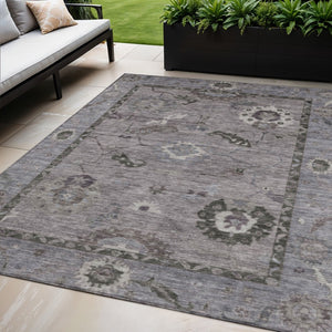 HomeRoots 5' Indoor Outdoor Pewter Gray and Silver Floral Medallion Area Rug – Washable, Durable, Versatile Design 639528