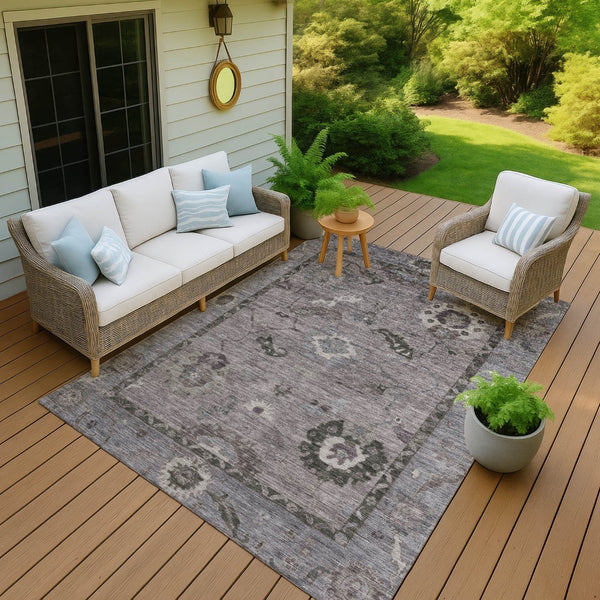 HomeRoots 5' Indoor Outdoor Pewter Gray and Silver Floral Medallion Area Rug – Washable, Durable, Versatile Design 639528