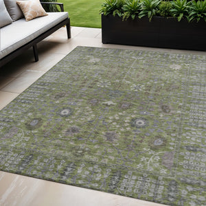 HomeRoots 5' X 8' Artichoke Green & Gray Floral Area Rug - Durable, Washable, Perfect for Indoor & Outdoor Use 639534