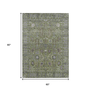 HomeRoots 5' X 8' Artichoke Green & Gray Floral Area Rug - Durable, Washable, Perfect for Indoor & Outdoor Use 639534