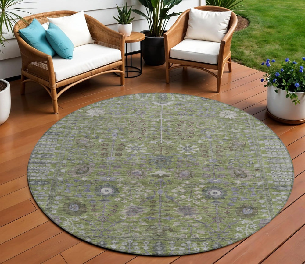 HomeRoots 8' Artichoke Green & Gray Floral Washable Area Rug - Durable, Stylish Indoor/Outdoor Accent for Homes 639535