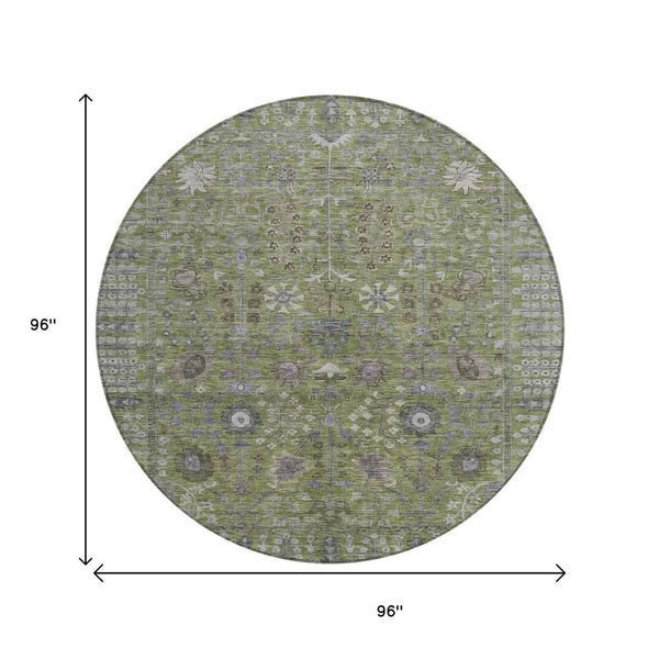 HomeRoots 8' Artichoke Green & Gray Floral Washable Area Rug - Durable, Stylish Indoor/Outdoor Accent for Homes 639535