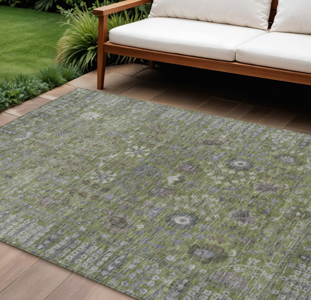 HomeRoots 8' X 10' Durable Artichoke Green Floral Area Rug - Washable for Indoor & Outdoor High-Traffic Spaces 639536