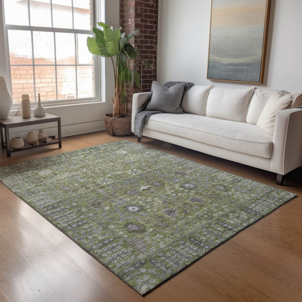 HomeRoots 10' Artichoke Green & Gray Floral Washable Area Rug - Durable, Stylish, Perfect for Indoor/Outdoor Use! 639538