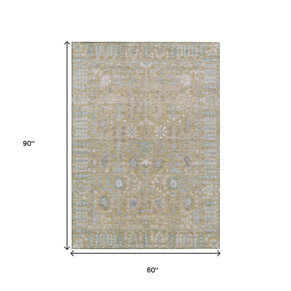 HomeRoots 5' Indoor Outdoor Beige & Taupe Floral Area Rug – Washable, Durable, Versatile for Any Space! 639540