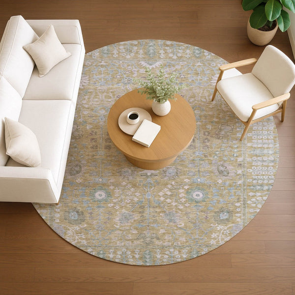HomeRoots 8' Round Floral Washable Rug - Beige & Taupe Indoor/Outdoor Area Rug for High-traffic Spaces 639541