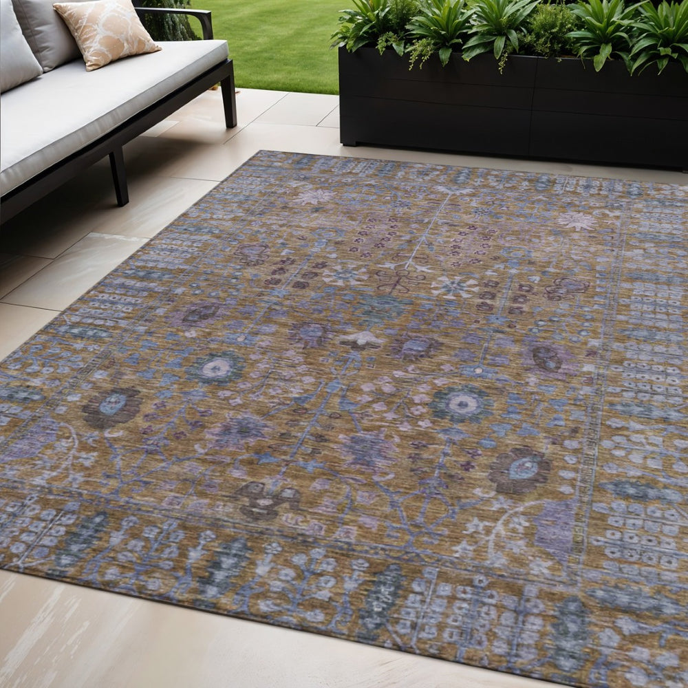 HomeRoots 5' Indoor/Outdoor Washable Brown and Blue Floral Area Rug - Durable, Stylish, Easy-Care Design! 639546
