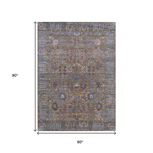 HomeRoots 5' Indoor/Outdoor Washable Brown and Blue Floral Area Rug - Durable, Stylish, Easy-Care Design! 639546
