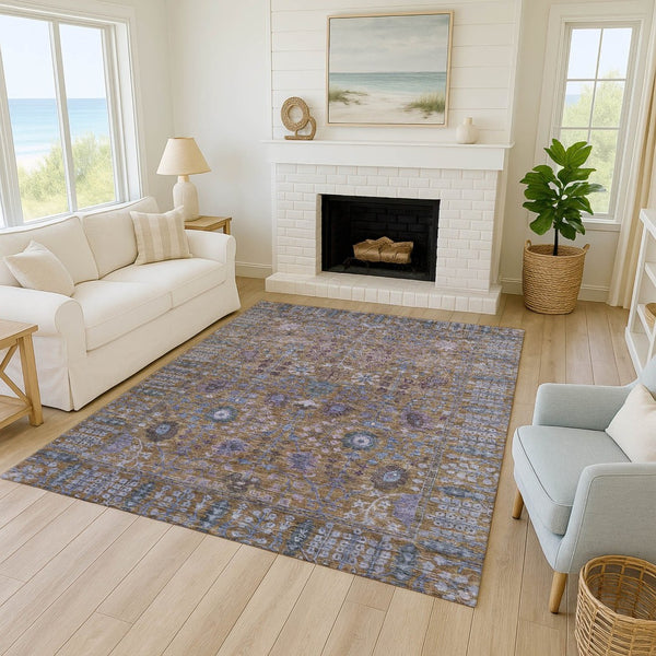 HomeRoots 5' Indoor/Outdoor Washable Brown and Blue Floral Area Rug - Durable, Stylish, Easy-Care Design! 639546