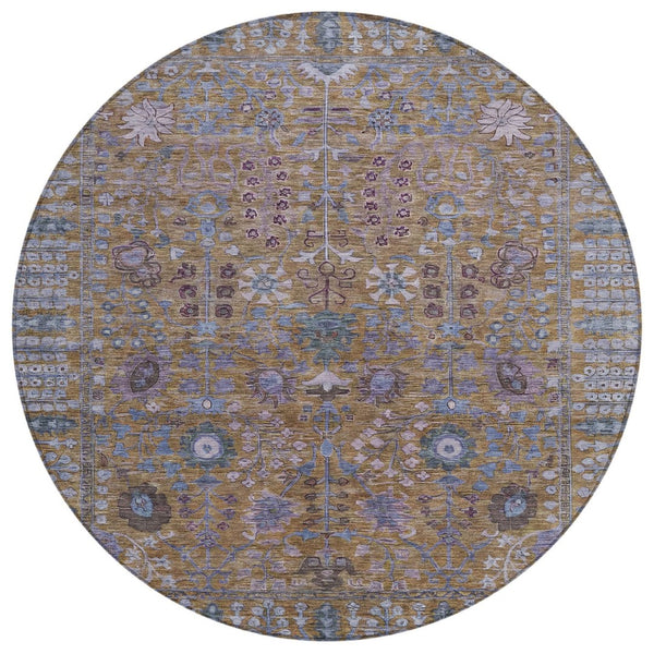 HomeRoots 8' Round Floral Rug in Brown & Blue – Durable, Washable Area Rug for Indoor/Outdoor Spaces 639547