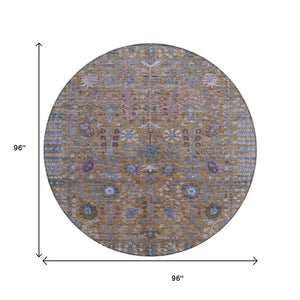 HomeRoots 8' Round Floral Rug in Brown & Blue – Durable, Washable Area Rug for Indoor/Outdoor Spaces 639547