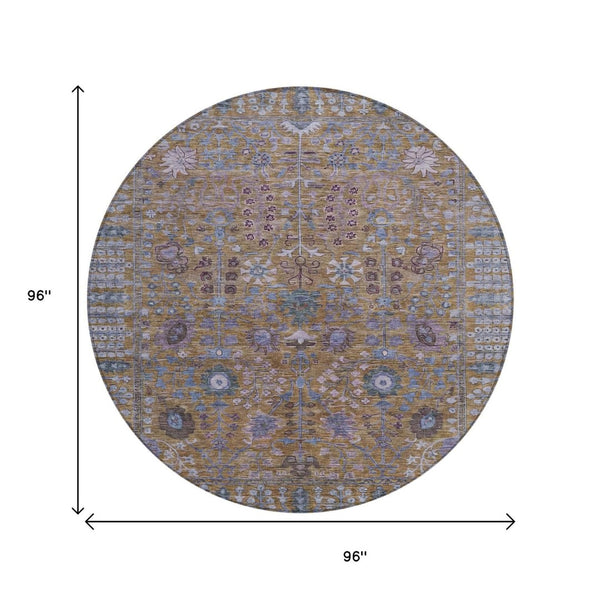 HomeRoots 8' Round Floral Rug in Brown & Blue – Durable, Washable Area Rug for Indoor/Outdoor Spaces 639547