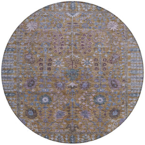 HomeRoots 8' Round Floral Rug in Brown & Blue – Durable, Washable Area Rug for Indoor/Outdoor Spaces 639547