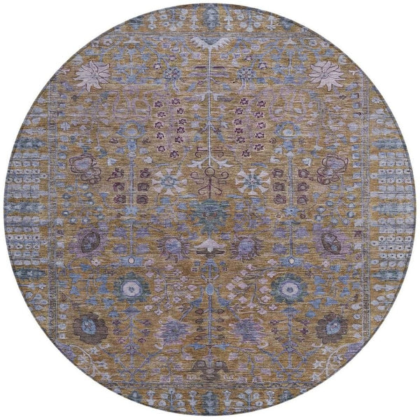 HomeRoots 8' Round Floral Rug in Brown & Blue – Durable, Washable Area Rug for Indoor/Outdoor Spaces 639547