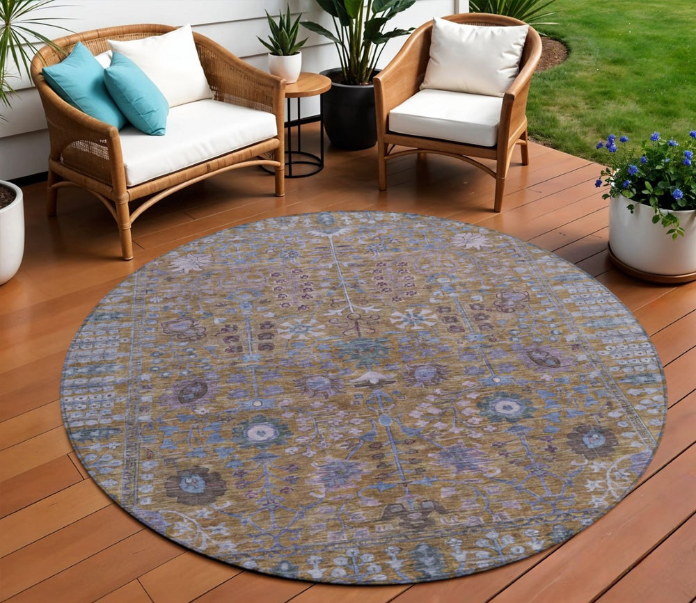 HomeRoots 8' Round Floral Rug in Brown & Blue – Durable, Washable Area Rug for Indoor/Outdoor Spaces 639547