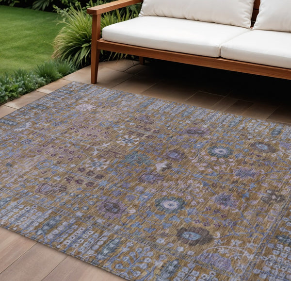 HomeRoots 8' X 10' Floral Washable Area Rug - Stylish Brown & Blue Design for Indoor & Outdoor Spaces! 639548