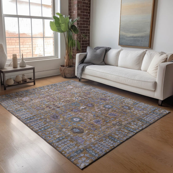 HomeRoots 8' X 10' Floral Washable Area Rug - Stylish Brown & Blue Design for Indoor & Outdoor Spaces! 639548
