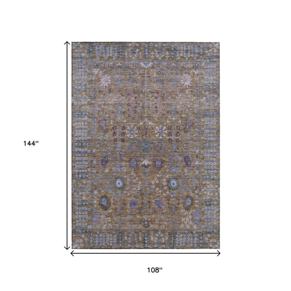 HomeRoots 9' X 12' Floral Area Rug - Washable Brown & Blue Design for Indoor/Outdoor Spaces, Durable & Stylish 639549