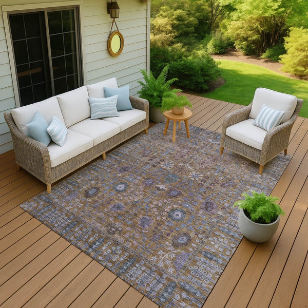 HomeRoots 10' Brown and Blue Floral Area Rug – Durable, Washable Design for Indoor and Outdoor Living Spaces 639550