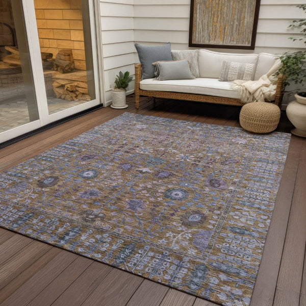 HomeRoots 10' Brown and Blue Floral Area Rug – Durable, Washable Design for Indoor and Outdoor Living Spaces 639550