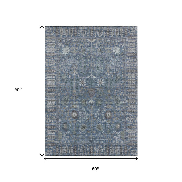 HomeRoots 5' X 8' Blue and Ivory Floral Area Rug - Durable, Washable Design for Indoor & Outdoor Spaces 639552
