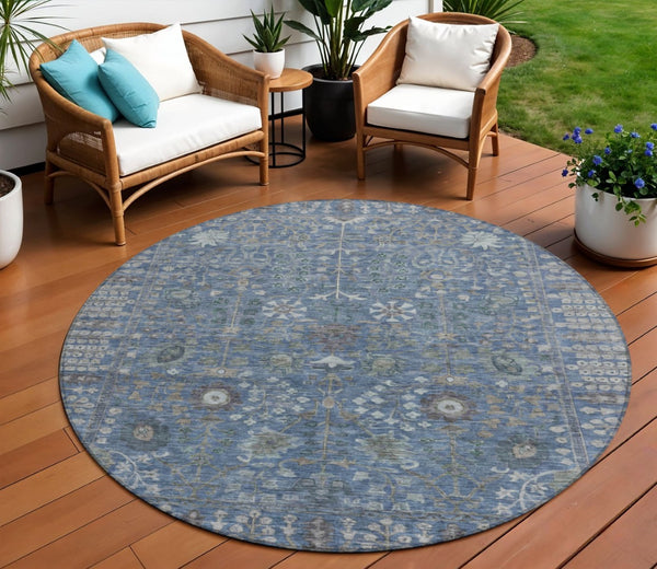 HomeRoots 8' Blue And Ivory Round Floral Area Rug - Durable, Washable Design for Indoor/Outdoor Elegance 639553