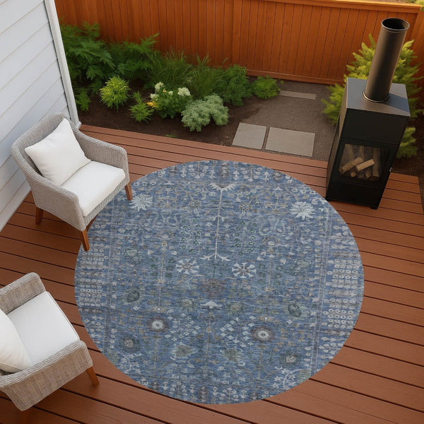 HomeRoots 8' Blue And Ivory Round Floral Area Rug - Durable, Washable Design for Indoor/Outdoor Elegance 639553